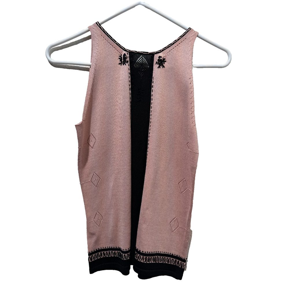 Max Studio Knit Tank Top Pink Black Embroidered Lace Silk Sleeveless XS